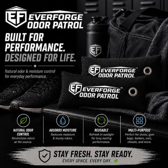 EverForge Odor Patrol Charcoal Deodorizer Bags, Natural Odor Absorber for Shoes & Sneakers, Gym Bags, Lockers, Sports Gear, & Cars, Activated Charcoal, 2-Pack, Unscented