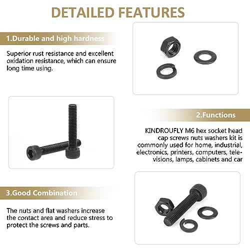 82 Pieces Black M6 x 30/35 /40/45 /50 mm Hex Socket Head Cap Screws Nuts Washers Assortment Kit, 12.9 Grade Alloy Steel - size: M6 x 30/35/40/45/50mm, style: Socket Head