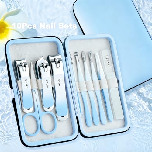 Manicure Set, 10 pcs High-Carbon Steel Nail Clippers Set, Portable Mini Manicure and Pedicure Kit, Travel Grooming Nail Kit with Leather Bag for Men and Women - color: Blue
