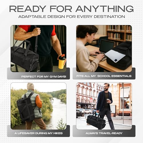 3-in-1 Duffle Bag Backpack with Shoe & Laptop Pocket, Cup Holder, Ventilated Gym & Travel Bag (Black) - color: Black