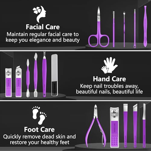 Manicure Set 16Pcs Professional Stainless Steel Pedicure Kit Mens Grooming Kit Fingernail & Toenail Clippers Set Manicure Kit with Luxurious Travel Bag, Sharp Nail Scissors and Clipper (Purple) - color: 16Pcs-Purple