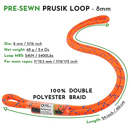 GM CLIMBING 8mm (5/16") Prusik Loop Pre-Sewn 18 inches / 24 inches - color: Orange-24 Inch