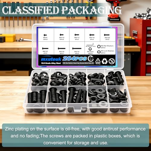 mxuteuk 204PCS M6 Screws,M6x8/10/12/16/20/25/30/35mm Hex Button Head Cap Bolts with Nuts & Washers,10.9 Grade Alloy Steel Black Zinc Screws Assortment Kit for 3D Printing,DIY - size: 204PCS M6, style: Hex Socket Button Head