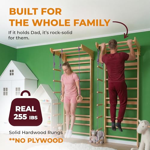 WEDANTA Wooden Swedish Ladder Wall Set – Kids Stall Bars for Exercise – Kids Swedish Gymnastic Wall Gym – Wood Stall Bar Gymnastics Playground – Best Gym for All Family - color: Wood