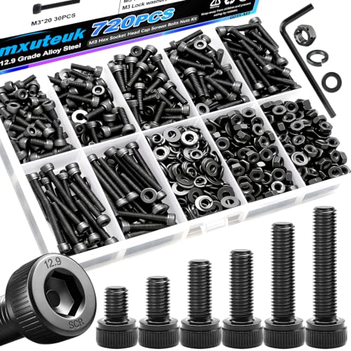 mxuteuk 720PCS M3 Screws Kit,M3×6/8/10/12/16/20mm M3 Screws Assortment Kits,12.9 Alloy Steel M3 Hex Socket Head Bolts Nuts Washers Set Suitable for 3D Printer,DIY - size: 720PCS M3, style: Hex Socket Head