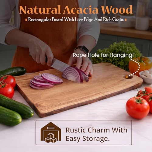 GoCraft Acacia Wood Live Edge Cutting Board – with Hole for Hanging | Rustic Rectangular Wooden Chopping Board | Charcuterie Cheese Tray | Food Serving Platter | Farmhouse Décor (Large) - size: 21"L x 12"W