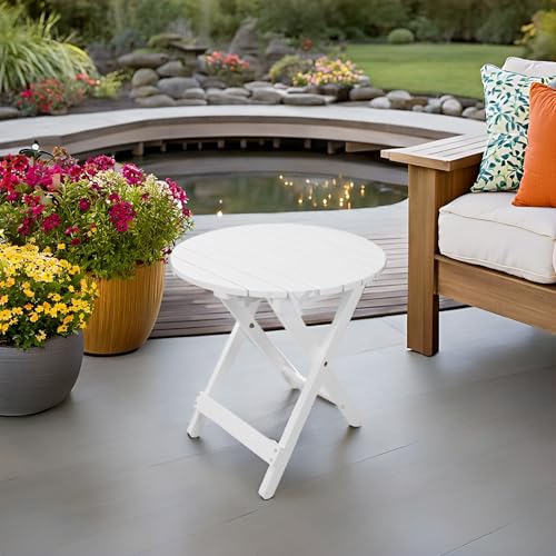 Outdoor Wooden Side Table, Folding Patio End Table, Small Round Furniture Table for Adirondack Chair, Balcony, Porch, Acacia Wood, No Assembly, White - color: R-white-1