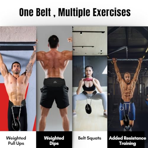 Dip Belt with Chain – Weighted Pull Up Belt, Dip Weight Belt, Weightlifting Belt for Pullups, Squats, and Dips, Belt Squat Attachment Ideal Weight Belt for Pullups, Weightlifting, and Gym Workouts (Black)