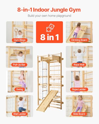 VEVOR Swedish Ladder Wall Gym, 8-in-1 12-Level Solid Wood Gymnastic Stall Bars for Kids Adults, 220LBS Indoor Jungle Gym Playset with Climbing Board, Gym Rings, Pull-Up Bar, Wall Ladder, Slide, Swing - style: 12-Level 8-in-1
