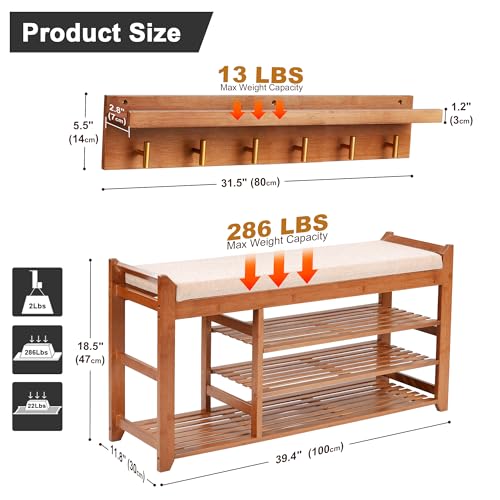 PETKABOO Hall Tree with Bench and Shoe Storage, Coat Rack Shoe Bench Set with Seat Cushion and 6 Hooks for Entryway, Hallway, Living Room and Bedroom - color: Brown, style: 39 in with hook