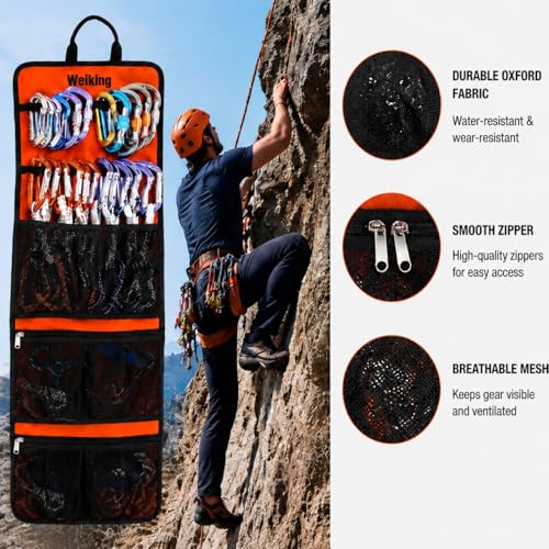 Climbing Quickdraw Hanging Storage Bag, Carabiner Hook Gear Equipment Parts Collections, Durable Foldable Bundled Roll Anti-scratch Bag, Small Tools Organizer Pouch, suit for Rock Climbing Ice Climb