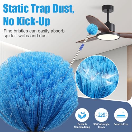 Cobweb Duster with Extension Pole - 8 FT Lightweight Stainless Steel Extendable Duster Ceiling Fan Duster for High Ceilings, Medium Stiff PET Bristle Spider Web Brush for Indoor/Outdoor Cleaning - size: 8FT
