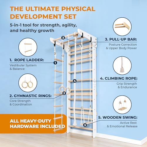 WEDANTA Wooden Swedish Ladder Wall Set – Kids Stall Bars for Exercise – Kids Swedish Gymnastic Wall Gym – Wood Stall Bar Gymnastics Playground – Best Gym for All Family - color: White