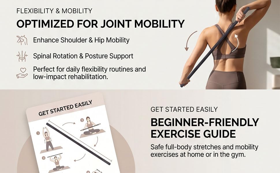 Semme Adjustable Yoga Stick Exercise Bar Stretching Mobility Pole with 3 Lengths 30 45 60 Inches Full Foam Sleeve for Home Gym Pilates Flexibility Training