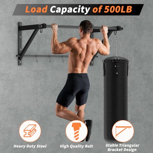 Adjustable Depth Pull Up Bar, Wall & Doorway Mounted Chin Up Bar with Hooks, Thickened Steel Construction, 500LBS Heavy Duty Capacity, Home Garage Upper Body Strength Training Equipment - color: Jet Black