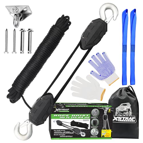 XSTRAP STANDARD 50 Feet Rope Hoist, Heavy-Duty 2000LB Break Wheel Block | Tackle Pulley System for Lifting Heavy Objects with Work Gloves, 2pcs Soft Loops, 1 Swing Hanger for Garage Warehouse - color: 50 Ft+ Black+1 Swing Hanger