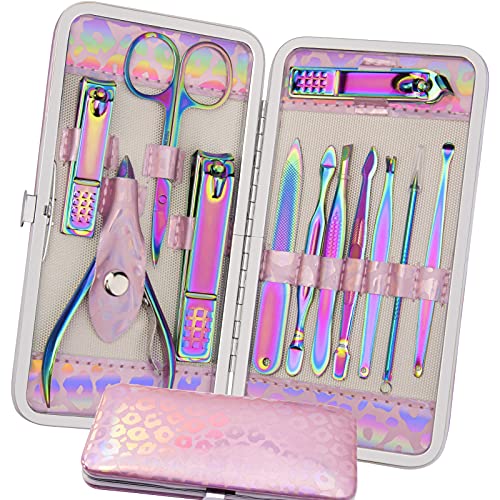 ANRUI Manicure Set Nail Clippers Pedicure Kit - 12pcs Stainless Steel Nail Kit, Colorful Professional Nail Care Kit Nail Files & Scissors Tools for Hands Foot Facial - Pink