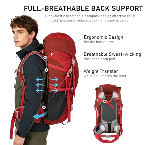 50L Hiking Camping Backpack for Men Women Lightweight Backpacking Back Pack | Waterproof Travel Outdoor Sport Climbing Daypack with Rain Cover - color: Red