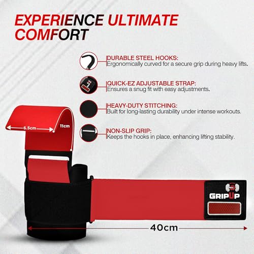 Weight Lifting Hooks – Heavy Duty Gym Straps for Deadlifts, Pull-Ups, Rows & Strength Training Secure Grip Support for Weightlifting, Powerlifting CrossFit Nylon & Neoprene Padding - color: Red