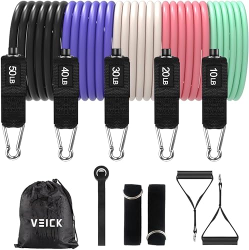 VEICK 10-150LBS Resistance Bands with Handles, Ankle Straps, Door Anchor | Accredited Lab Certified, 100% Natural Latex, Versatile for Yoga, Pilates, Strength, Home Gym - color: Macaron 2, style: 10-150LBS