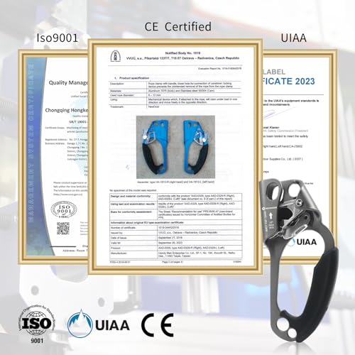 NewDoar UIAA & CE Certified Hand Ascender Rock Climbing Tree Arborist Rappelling Gear Equipment Rope Clamp for 8~13MM Rope - color: Grey-Right