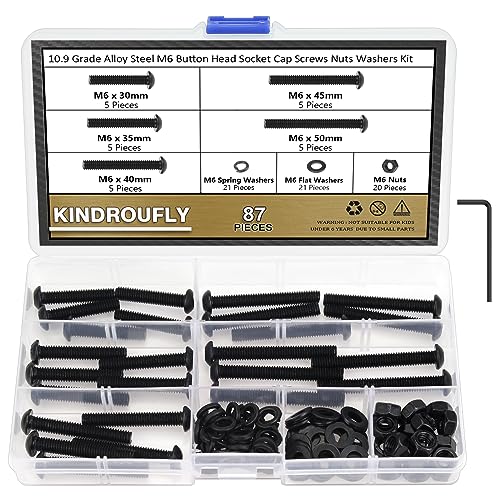 87 Pieces Black M6 x 30/35 /40/45 /50 mm Button Head Socket Cap Screws Nuts Washers Assortment Kit, 10.9 Grade Alloy Steel - size: M6 x 30/35/40/45/50mm, style: Button Head