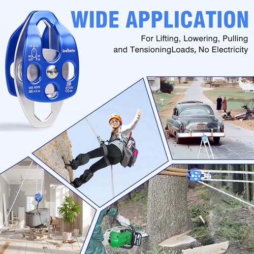 Double Block and Tackle Pulley System with 150Ft x 1/2'' Rope Pulley 7700 LB(35KN) Breaking Strength, 4:1 Lifting Power Sheave Pulley Hoist System for Garage, Attic Heavy Lifting - size: 1/2'' x 150ft