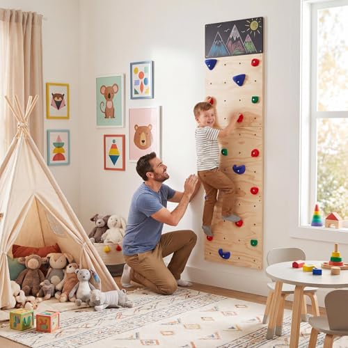 Rock Climbing Wall for Kids, 82.5 x 23.6 Inch Indoor Gym Playground Play Set with Drawing Blackboard, Wooden Climber & 18 Holds, Rock Wall for Home Gym Kids Ages 3+ Years, Easy Assembly
