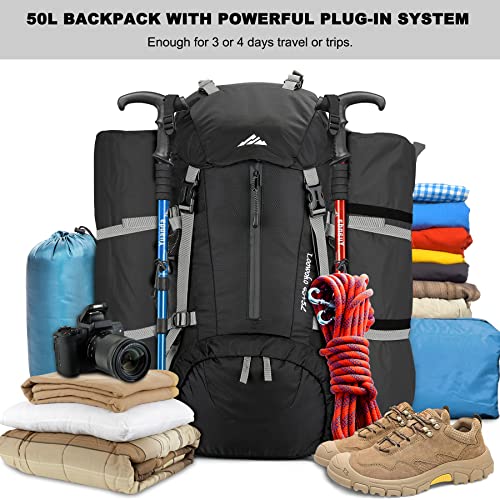 Loowoko 50L Hiking Backpack, Waterproof Camping Essentials Bag with Rain Cover, 45+5 Liter Lightweight Backpacking Back Pack - color: Black