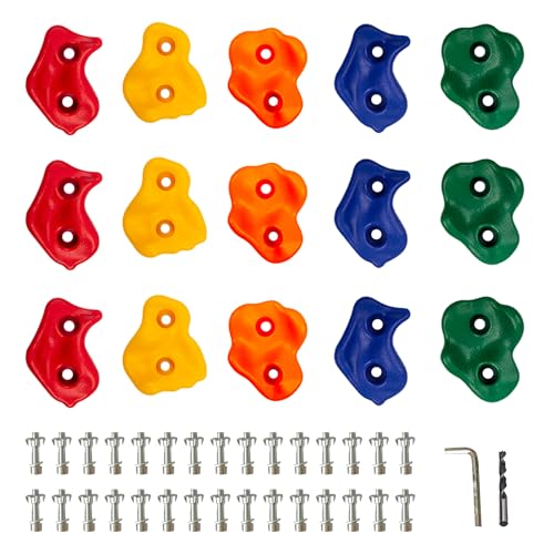 KINSPORY 15pc Rock Wall Climbing Holds for Kid, Play Set Climber Attachment | Colourful anti-slip pig nose rocks, complete mounting hardware for indoor outdoor Children playground & Playset building