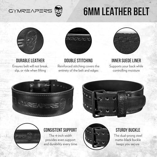 Gymreapers Weightlifting Belt 6MM Genuine Leather - Double Prong Power Belt Heavy Duty 4-Inch Wide - Strong, Stabilizing Back Support For Deadlifts, Squats Powerlifting - size: X-Large