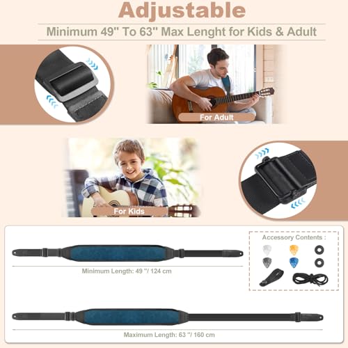 Guitar Bass Strap, Embroidered Electric Guitar Strap, Double Adjustable Buckle, Length Adjustable from 49" to 63", Equipped with 3" 3D Foam Padding, Includes 4 Picks and 2 Strap Locks, Smooth Blue. - color: Smooth Blue(49"-63")