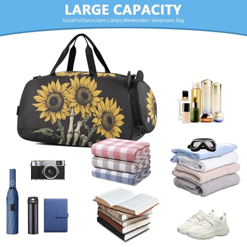 Kids Sports Duffel Bag for Boys & Girls - Skull Hand Skeleton Sunflower 100% Polyester Gym Bag with Separate Shoe Compartment, Adjustable Shoulder Strap, Compact Travel & Workout Gear - color: Skull Hand Skeleton Sunflower