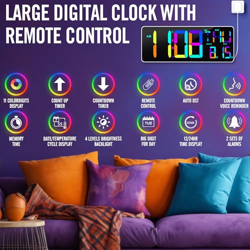 Large 13.7" LED Digital Timer（5''Nunmber）, 11 Color Changing, Count Up/Down Timer with Remote Control, Adjustable Brightness Wall Clock for Home, Office, Gym, Elderly, Auto DST - color: 13.7''rgb+remote