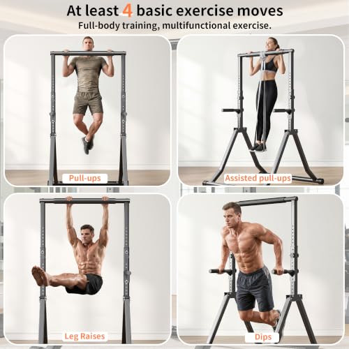 Foldable Pull Up Bar Station 66.1''-84.6'' Power Tower - color: 66"-85" with Dual Dip Handles & Assistance Bands