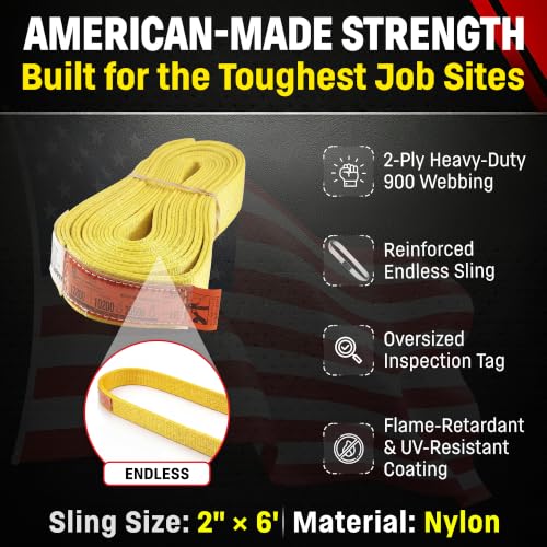 DD Sling 2" x 6' Nylon Endless Lifting Sling – USA Made | 12,800 lb Vertical, 10,200 lb Choker, 25,600 lb Basket – 2 Ply Heavy Duty 900 Webbing, Type 5 Endless Rigging Sling - size: 2"x6'