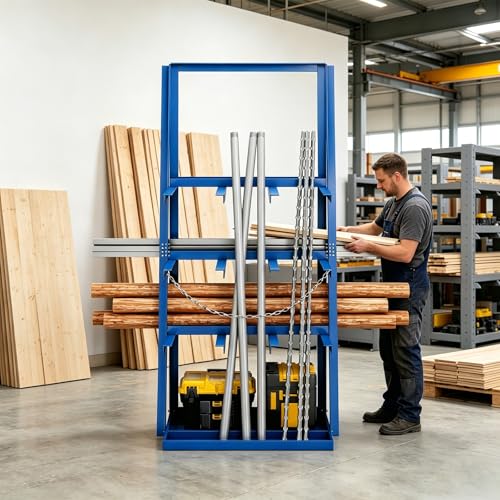 Vertical Bar Rack, Heavy Duty Rack for 3000LBS Capacity, Lumber Storage Shelfs Rack with Safety Chain, Carbon Steel Standing Pipe Rack Shelf Organizer for Warehouse Garage Workshop Factory