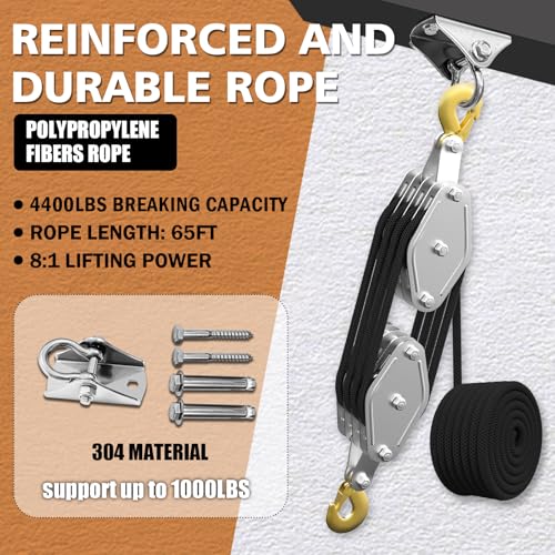 YATOINTO Rope Hoist Pulley System, 4400LB Block and Tackle Pulley System, 8:1 Lifting Power 65ft, Pulley Block for Lifting Loading Pulling with 1 Swing Hanger 2 Screws 2 Expansion Bolts - color: black, size: UPGRADED-4wheels+swing hanger