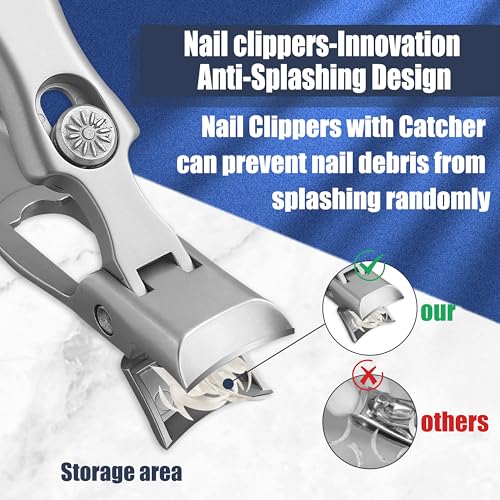 German Nail Clippers Set for Men & Women and Seniors | Large Wide Jaw Opening,Anti Splash Design,Ultra Sharp Stainless Steel heavy duty fingernail & toenail clippers (Silver) - size: Large Silver