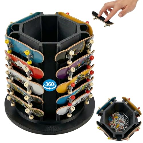 Fingerboard Display Rack Holder,360° Rotating,Pro Finger Skateboard Organizer for 20 Decks and Accessories,with Center Storage,Desktop Storage Tower for Fingerboard and Mini Collectibles,Heavy Duty