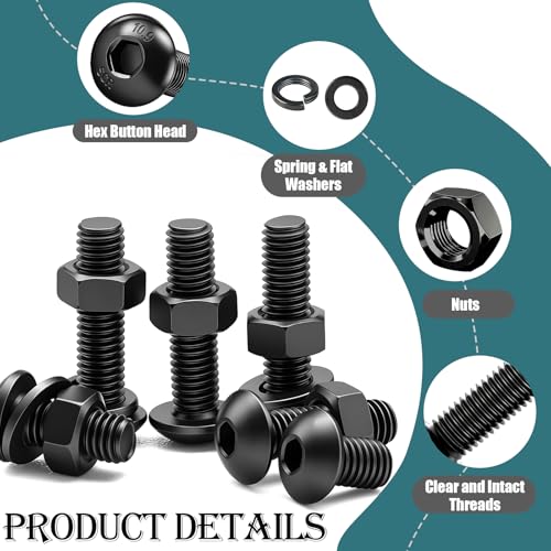 mxuteuk 204PCS M6 Screws,M6x8/10/12/16/20/25/30/35mm Hex Button Head Cap Bolts with Nuts & Washers,10.9 Grade Alloy Steel Black Zinc Screws Assortment Kit for 3D Printing,DIY - size: 204PCS M6, style: Hex Socket Button Head