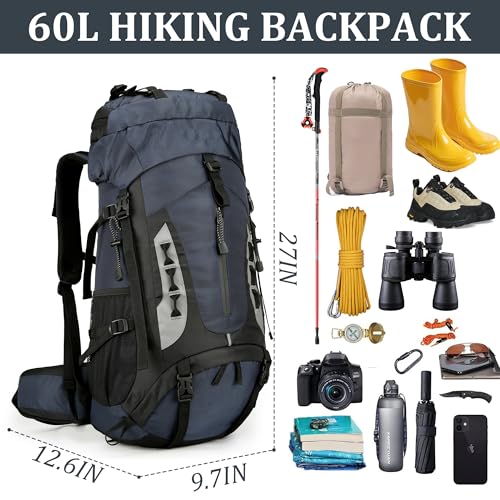 75L Hiking Backpack with Rain Cover Waterproof Camping Backpack Shoes Warehouse for Men Women, Frameless - color: Navy, size: 60L