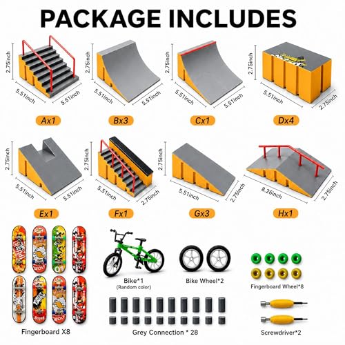 Finger Skateboard Park Kit for Kids, 14-in-1 Mini Skatepark Ramp Set with Half Pipe, 8 Finger Skateboards & Finger Bike, Ramp Accessories Toy Gifts for Boys Girls Ages 3+ - color: 14in1-yellow