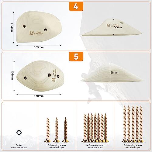 TWO STONES Wooden Rock Climbing Holds for Adults | Wood Rock Wall Climbing Holds for Gyms | Variety Screw On Climbing Hand Holds Set with Mounting Hardware