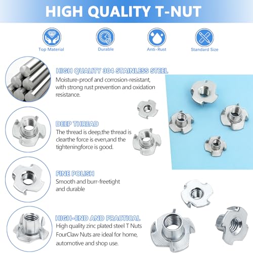 T Nuts 1/4"-20, 5/16"-18, 3/8"-16, Jovlalis 160pcs T-nut 304 Stainless Steel 4 Pronged Tee Blind Nuts Threaded Insert Assortment Kit for Wood, Rock Climbing Holds, Cabinetry, Furniture
