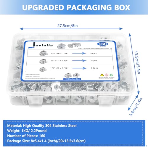 T Nuts 1/4"-20, 5/16"-18, 3/8"-16, Jovlalis 160pcs T-nut 304 Stainless Steel 4 Pronged Tee Blind Nuts Threaded Insert Assortment Kit for Wood, Rock Climbing Holds, Cabinetry, Furniture