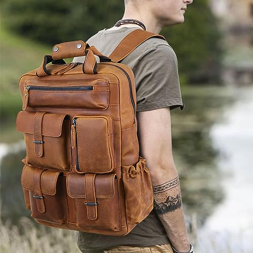 Polare Cowhide Leather Multiple Laptop Backpack Day Pack Travel Bag Satchel For Men - color: Light Brown