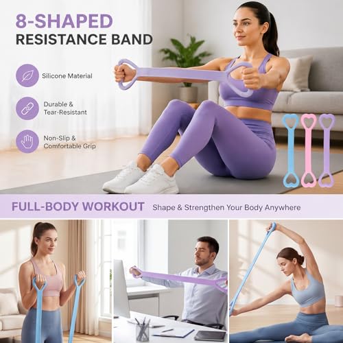 ‌Figure 8 Resistance Bands for Women & Men - 3 Levels (15lb/25lb/35lb) Silicone Workout Bands for Arms, Back, Shoulder Toning & Posture Correction - Portable Home Gym/Yoga (Pink+Blue+Purple)