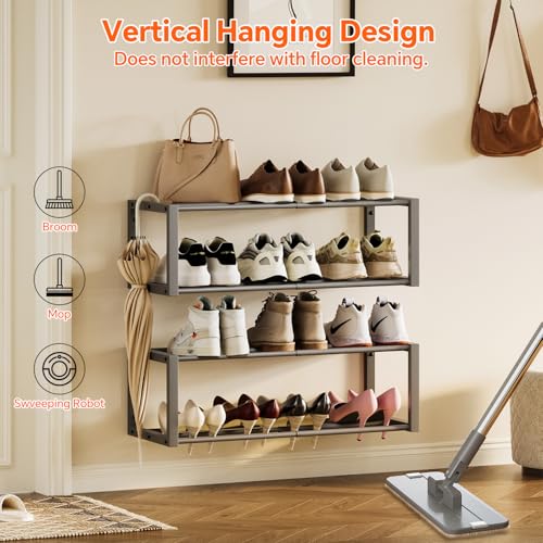 Homeiju Hanging Shoe Organizer,2 Pack Wall Mounted Shoe Rack Holds 12 Pairs,Space Saving Metal Wall Shoe Rack,Hanging Shoe Rack Shoe Holder for Small Space,Entryway,Closet,RV,Camper (Grey) - color: Grey