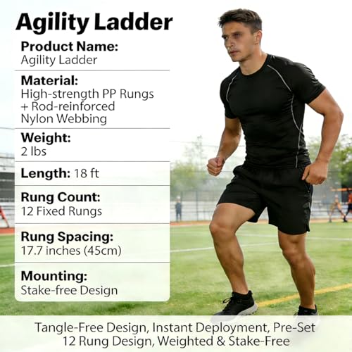 Tangle-Free Agility Ladder, 12 Fixed Rungs, 2 lb Heavy Duty, 18ft | Quick Setup Speed Ladder Training Equipment | 12 Fixed Rungs | 2 lb Heavy Duty | Connectable Design | Carrying Bag Included